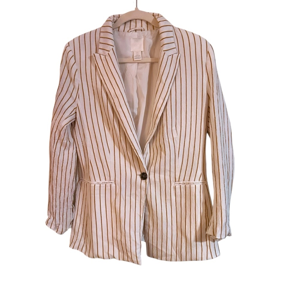 H&M White and Gold Striped Single Button Blazer Size 8